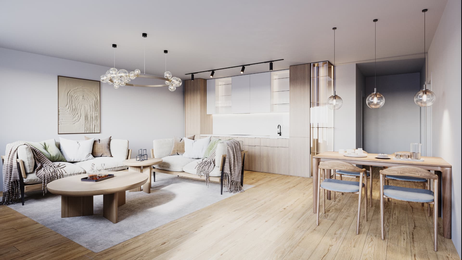 Visualisierung des Wohn- und Essbereichs einer Wohnung im U 355